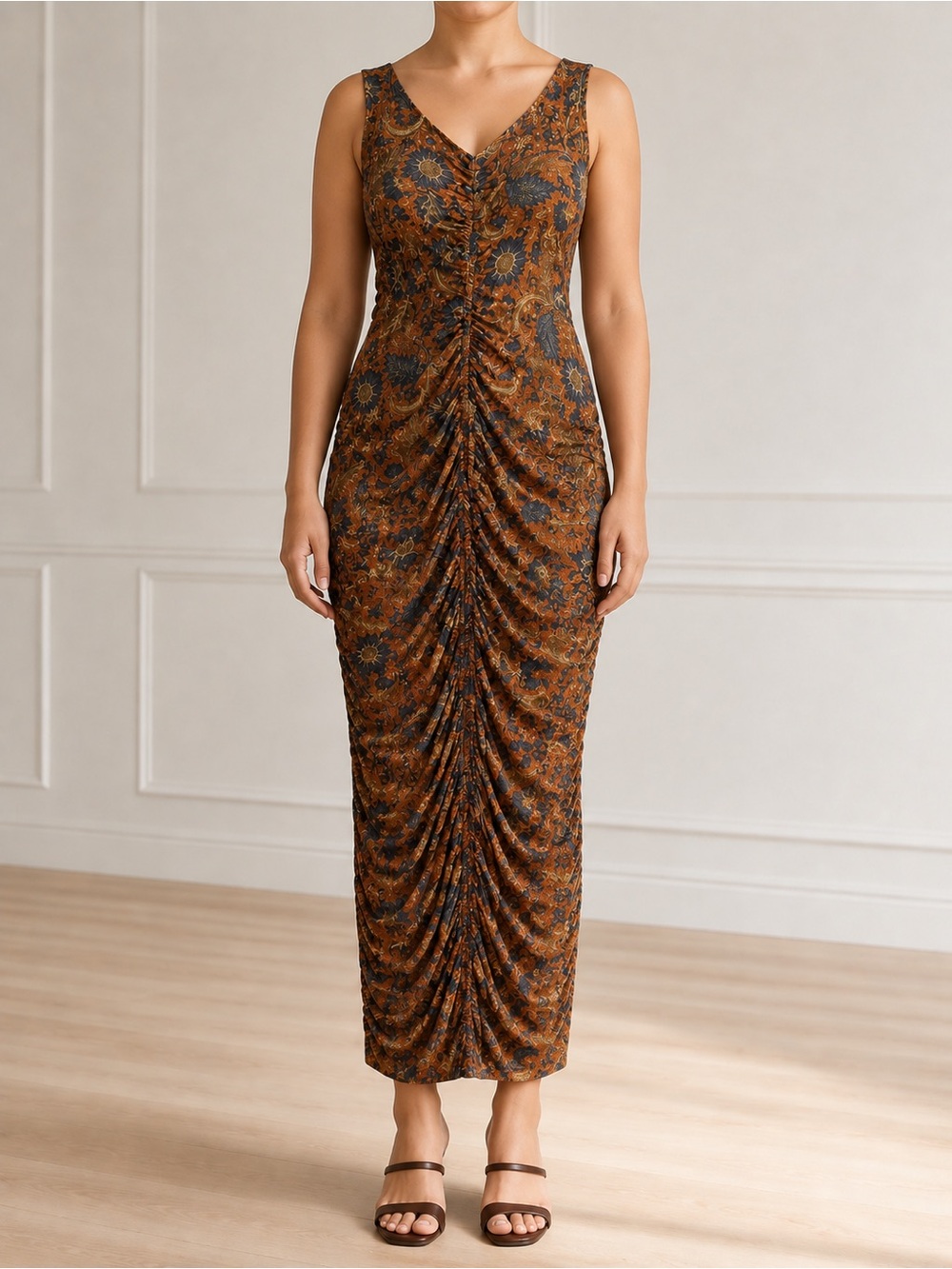 House of Harlow 1960 Maxi Dress XL Brown Paisley Ruched Bodycon Sleeveless